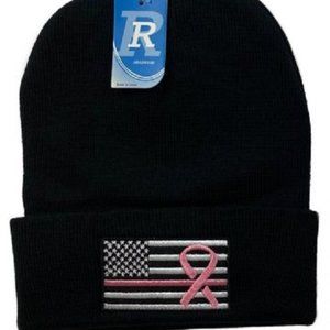 2 Womens Pink Ribbon Breast Cancer Awareness w/ Flag Moisture Wicking Beanie Hat